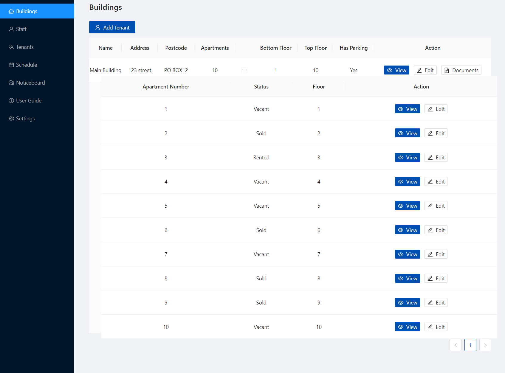 View apartments status in buildings with property maintenance software